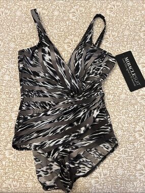 Miraclesuit Black, Gray & White Twist-Front One-Piece Swimsuit